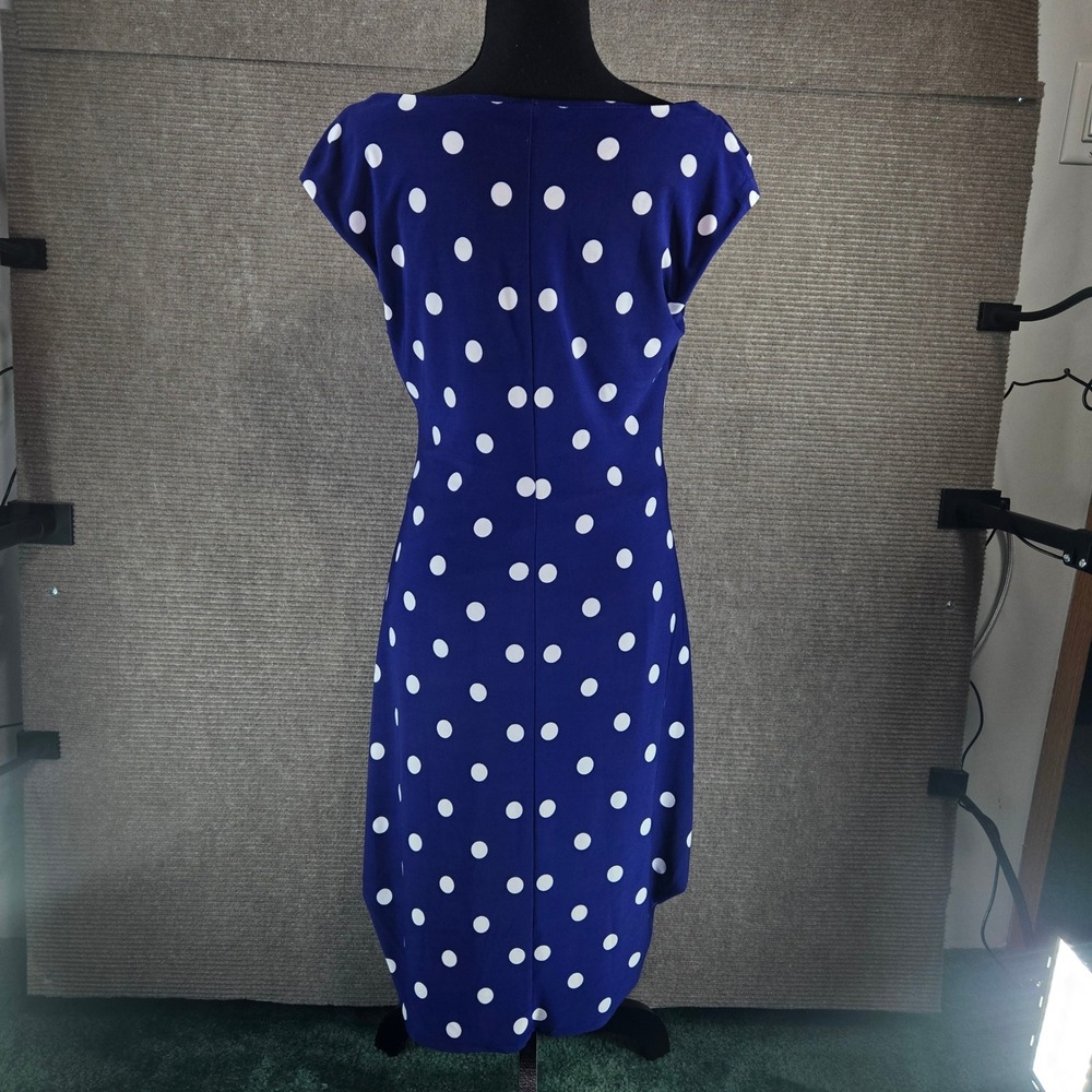 Lauren Ralph Lauren Womens 12 Blue Polka Dot Cowl Neck Ruched Sheath Dress - Picture 3 of 8